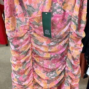 Wild Fable Pink & Yellow Floral Ruched Midi Dress